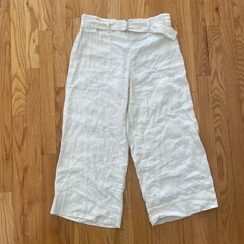 VINCE sz 2 cream colored wide leg linen blend pants buckle tie at waist EUC